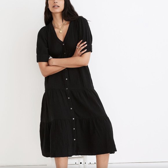 Madewell Dresses & Skirts - Madewell Lightspun Button-front Tiered Midi Dress, 12, Black